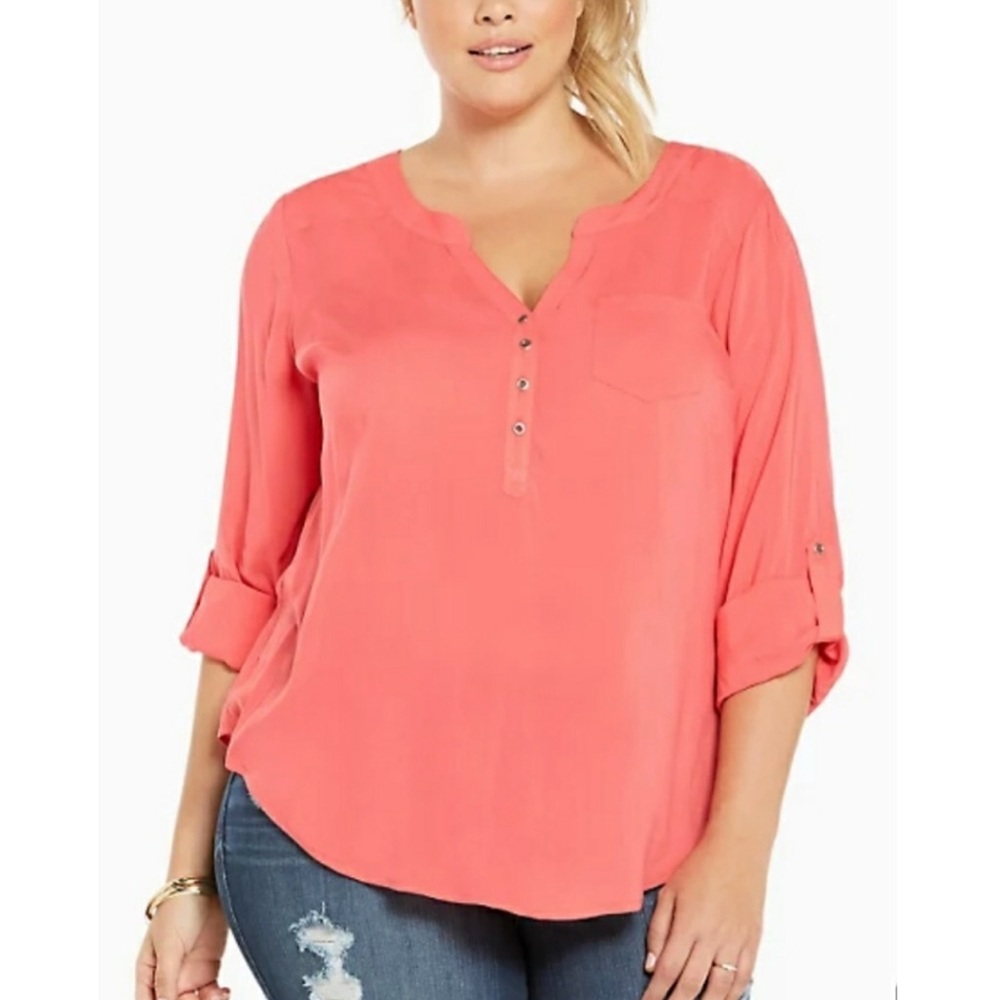 TORRID 2 Plus Size Challis Pullover Top Coral Pink Red ish Roll Tab Long Sleeve